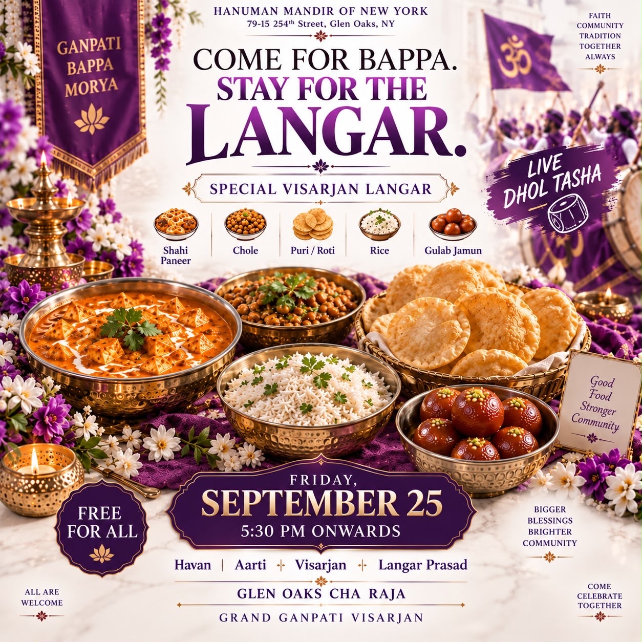 The special visarjan langar — shahi paneer, chole, puri, rice and gulab jamun in brass bowls among purple flowers